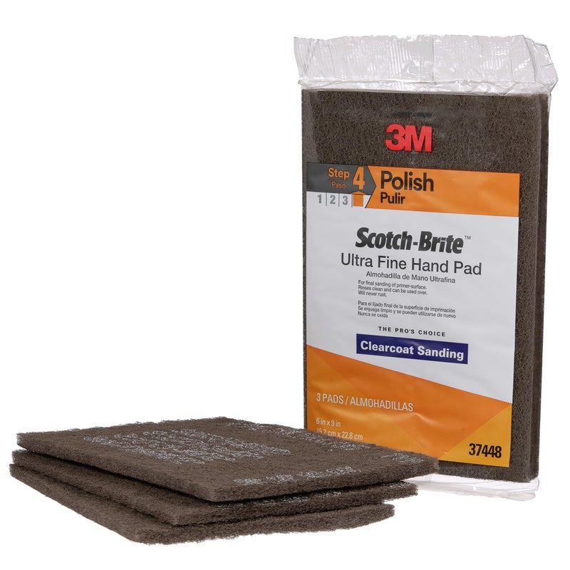 3M Scotch-Brite Ultra Fine Grade 7448 Hand Pad, Pack of 3, 6 in x 9 in Hand Pads, Nonwoven Silicon Carbide, Surface Preparation, Scuffing, and Cleaning, Gray - Image 1